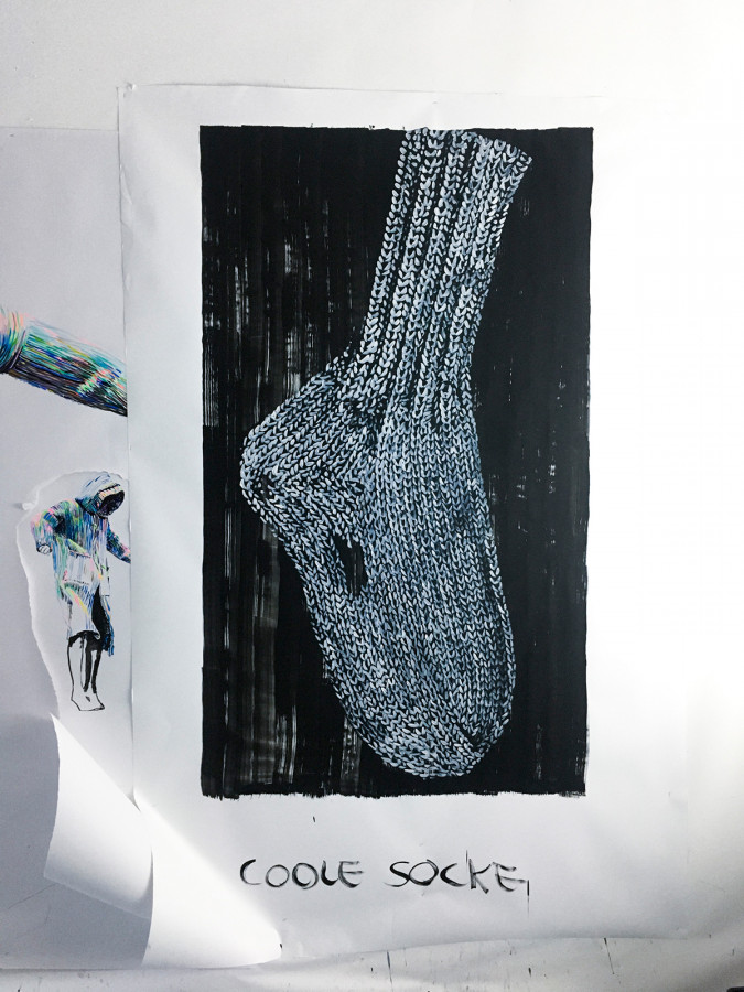 »Coole Socke mit Fehlern«
Acryl/öl auf papier

